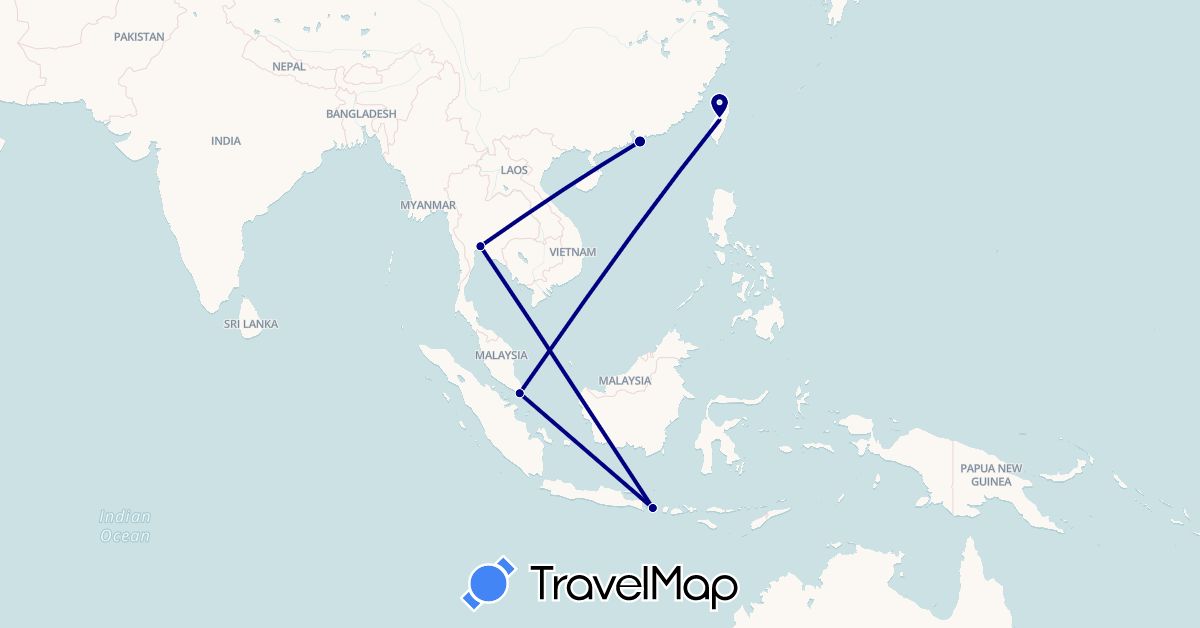TravelMap itinerary: driving in China, Indonesia, Singapore, Thailand, Taiwan (Asia)